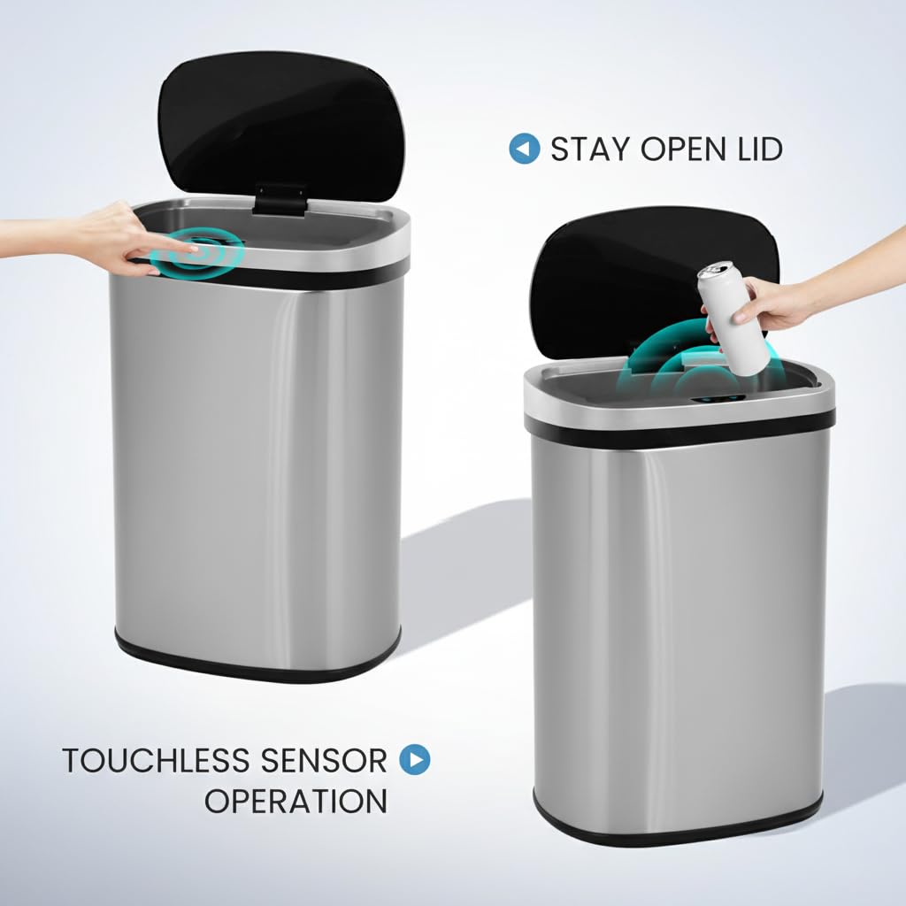13 Gallon Touch-Free Motion Sensor Stainless-Steel Trash Can T9868