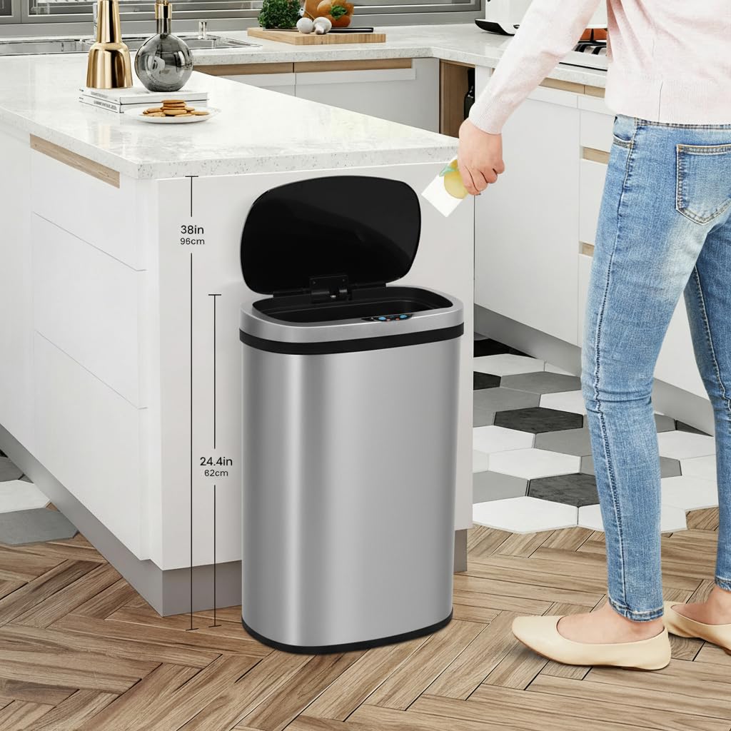 13 Gallon Touch-Free Motion Sensor Stainless-Steel Trash Can T9868