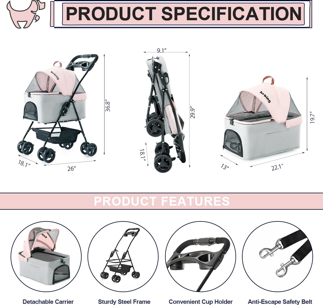 Pink Gray Pet Stroller with Detachable Carrier Q8837