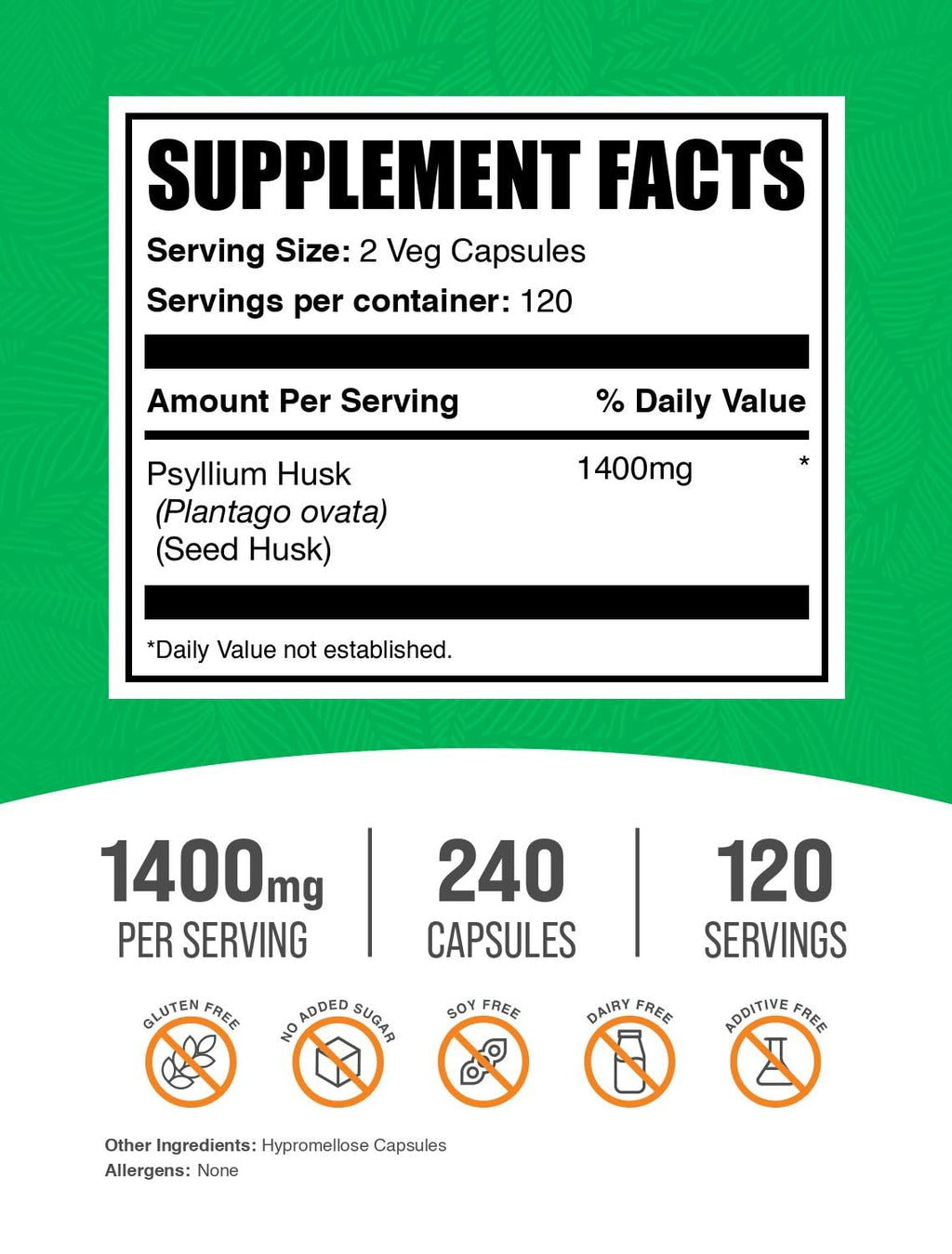 Psyllium Husk Fiber Capsules Vegan Gluten Free 240 Veg Capsules Q33587