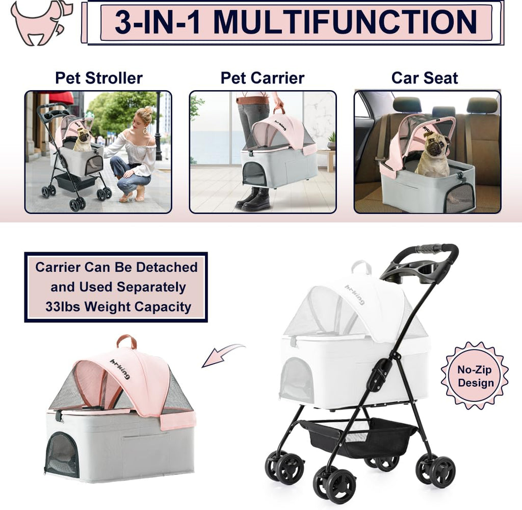 Pink Gray Pet Stroller with Detachable Carrier Q8837