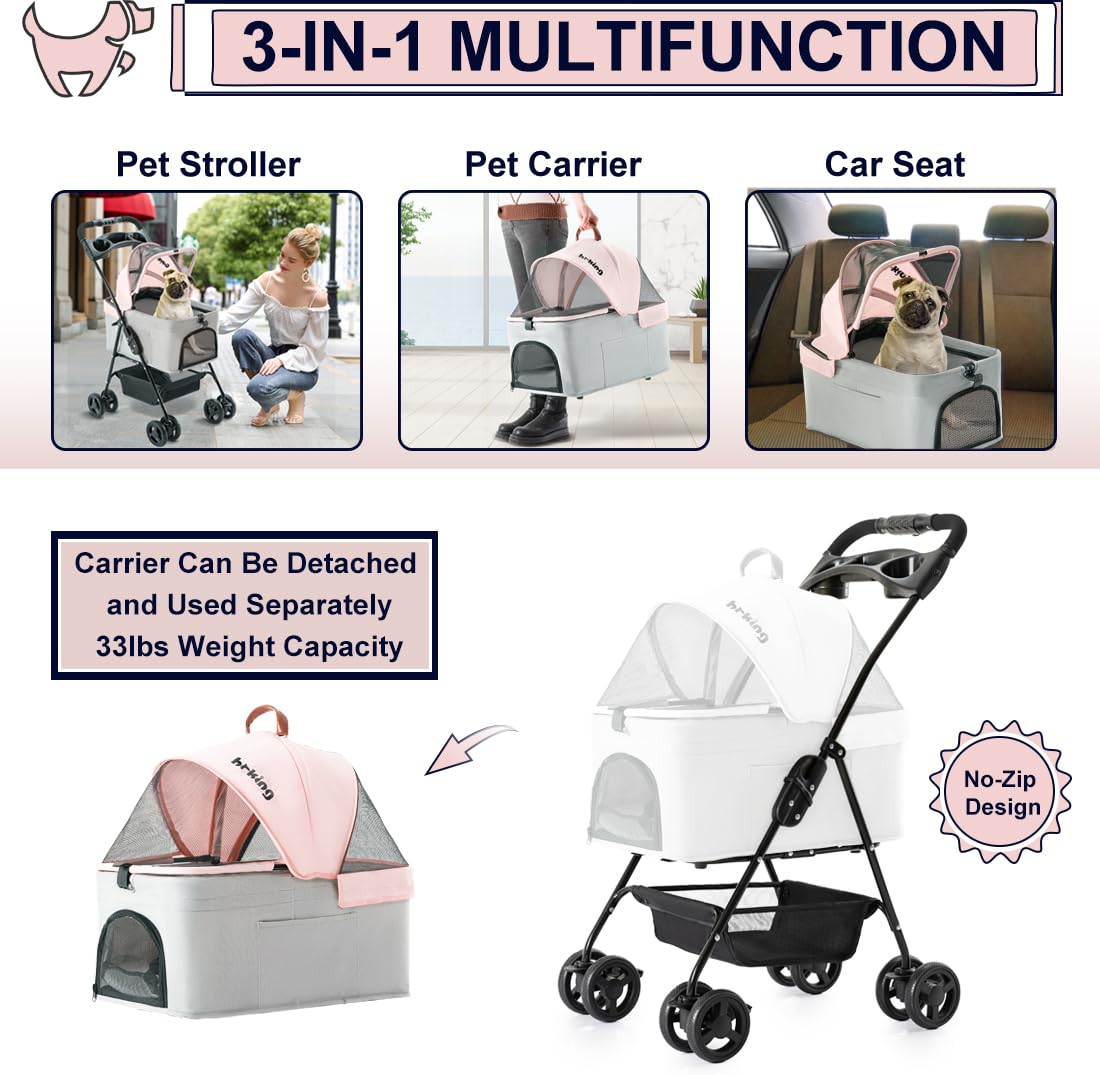 Pink Gray Pet Stroller with Detachable Carrier Q8837
