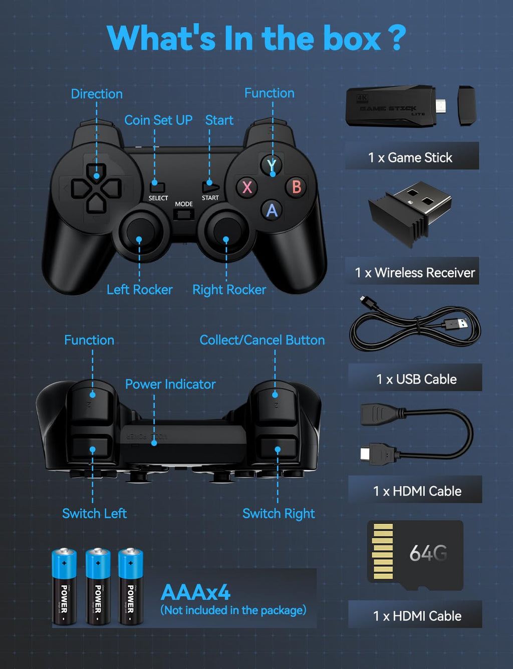 Black 4K Retro Gaming Console with 2.4G Wireless Controllers D409966