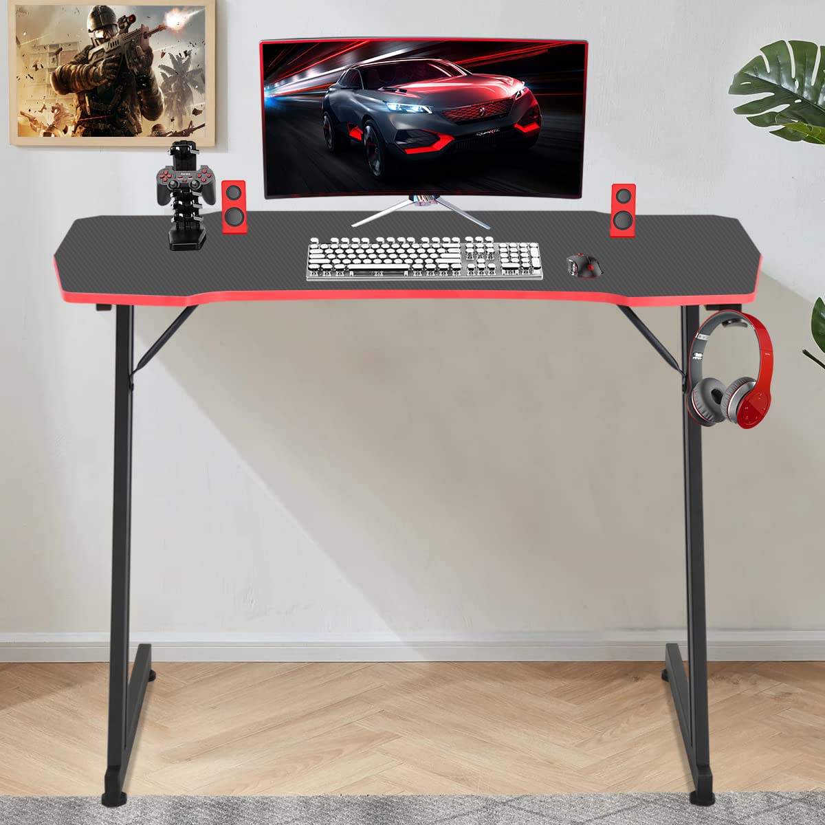 47 Inch Z-Shaped Carbon Fiber Black Gaming Desk U306175