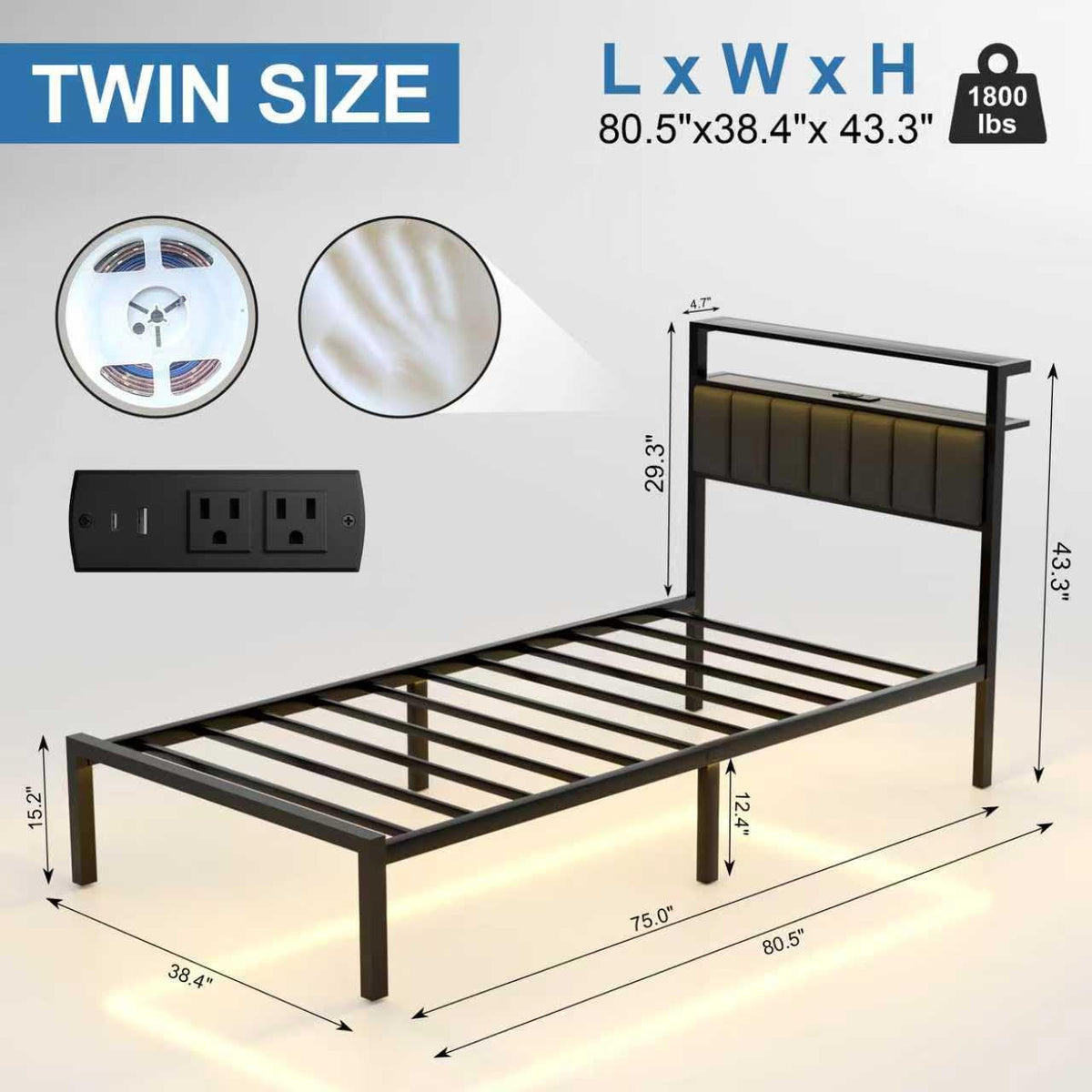 Black Twin Size Platform Bed Frame with Charging Station and LED Lights N469