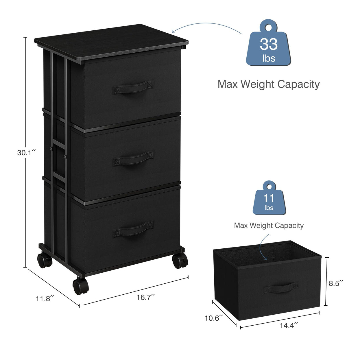 Black 3 Drawer Fabric Dresser M28468