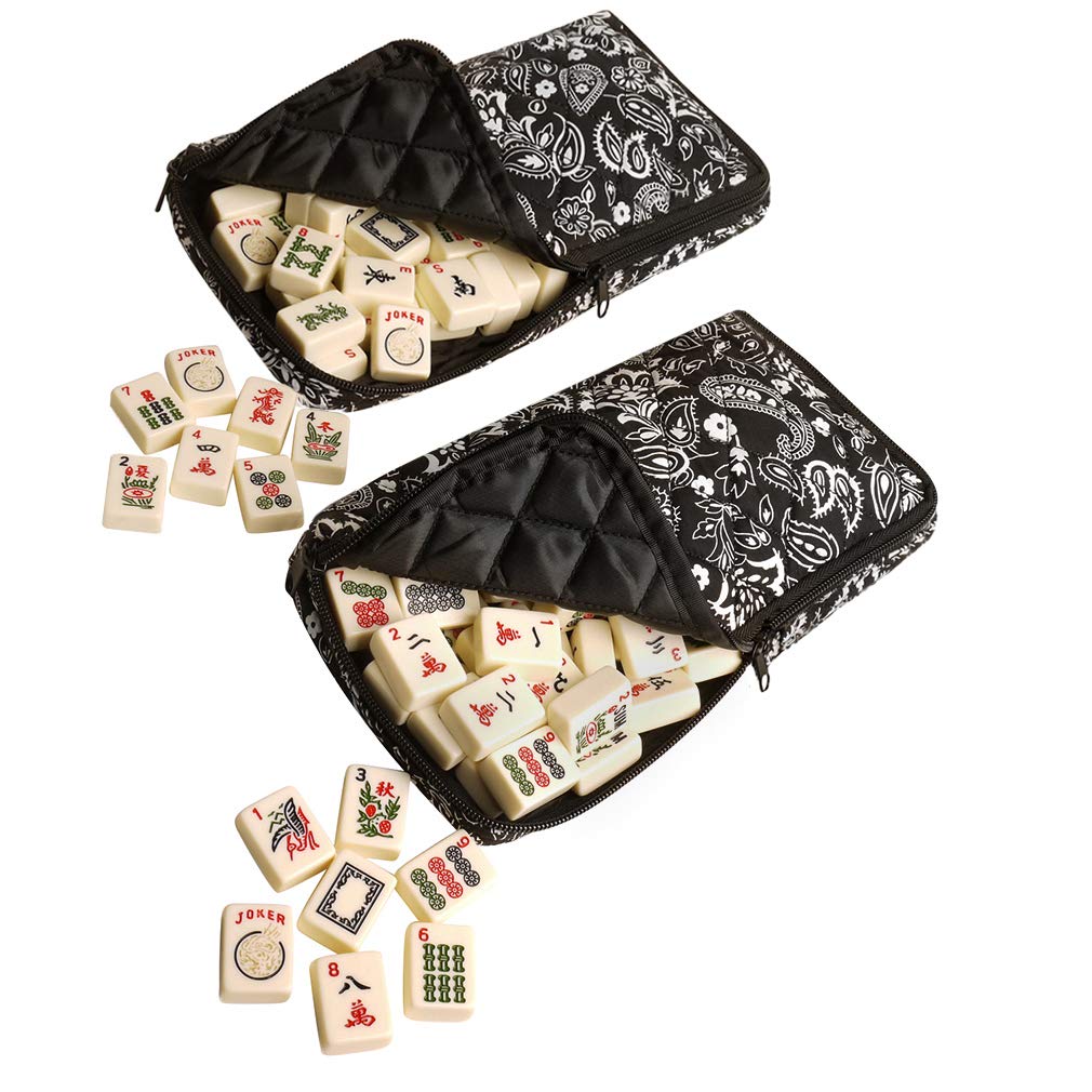 Black Paisley Mahjong Set with Soft Bag, 166 Ivory Colored Engraved Tiles, 4 All-in-One Rack/Pushers M52535