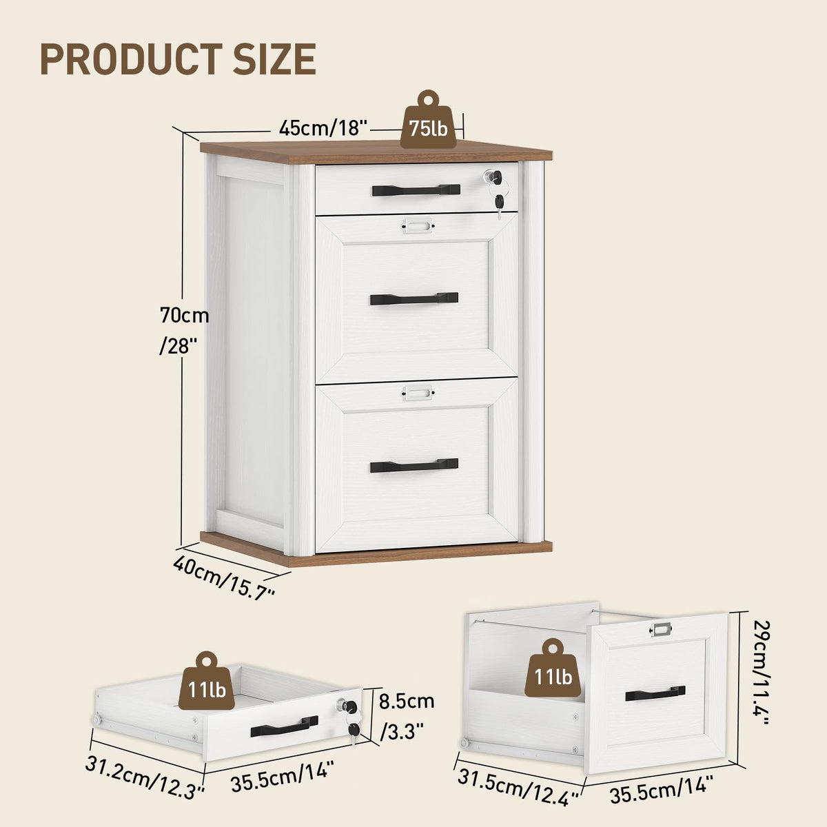 3 Drawer File Cabinet with Lock Set of 2 V101