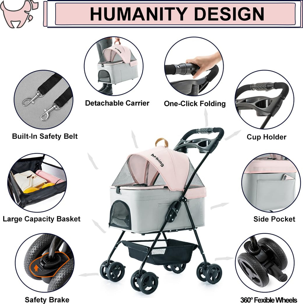 Pink Gray Pet Stroller with Detachable Carrier Q8837