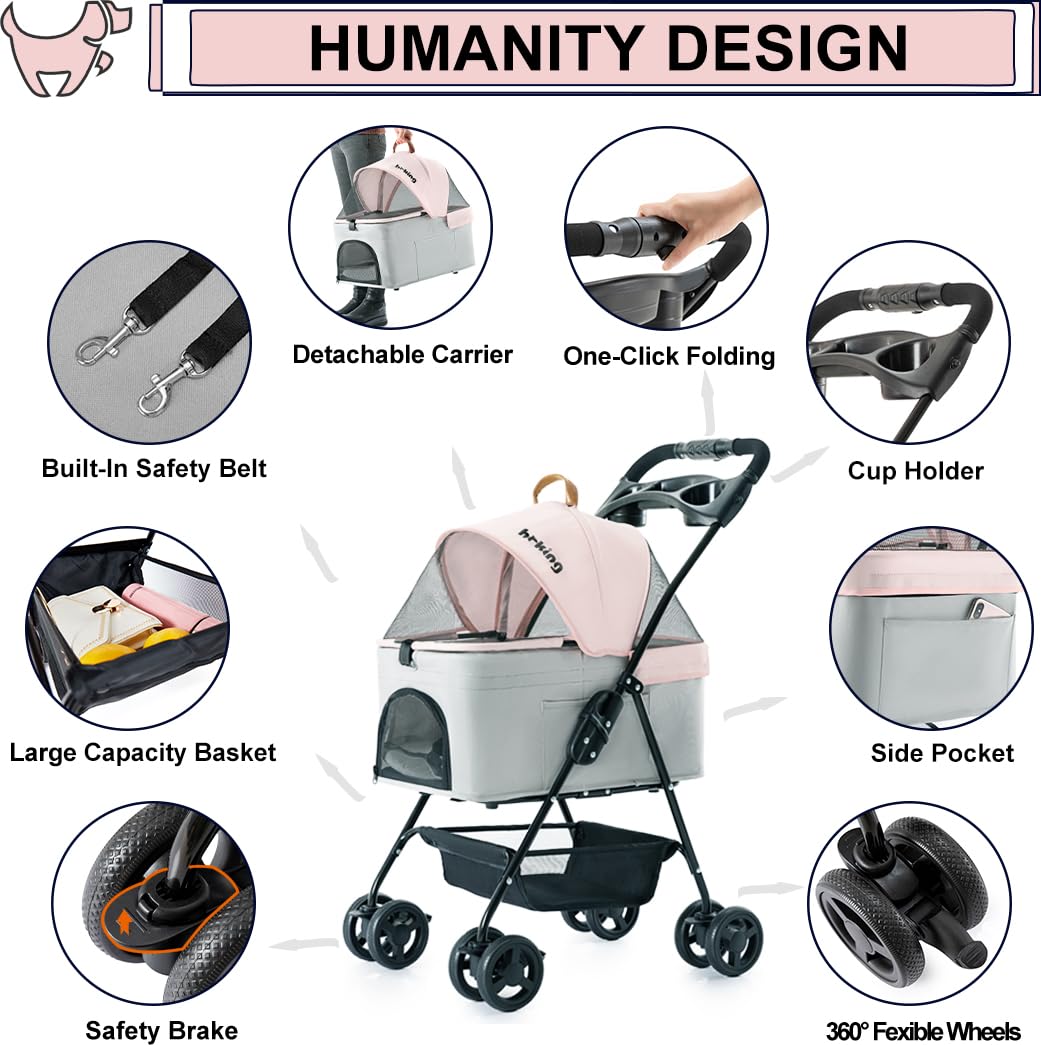 Pink Gray Pet Stroller with Detachable Carrier Q8837