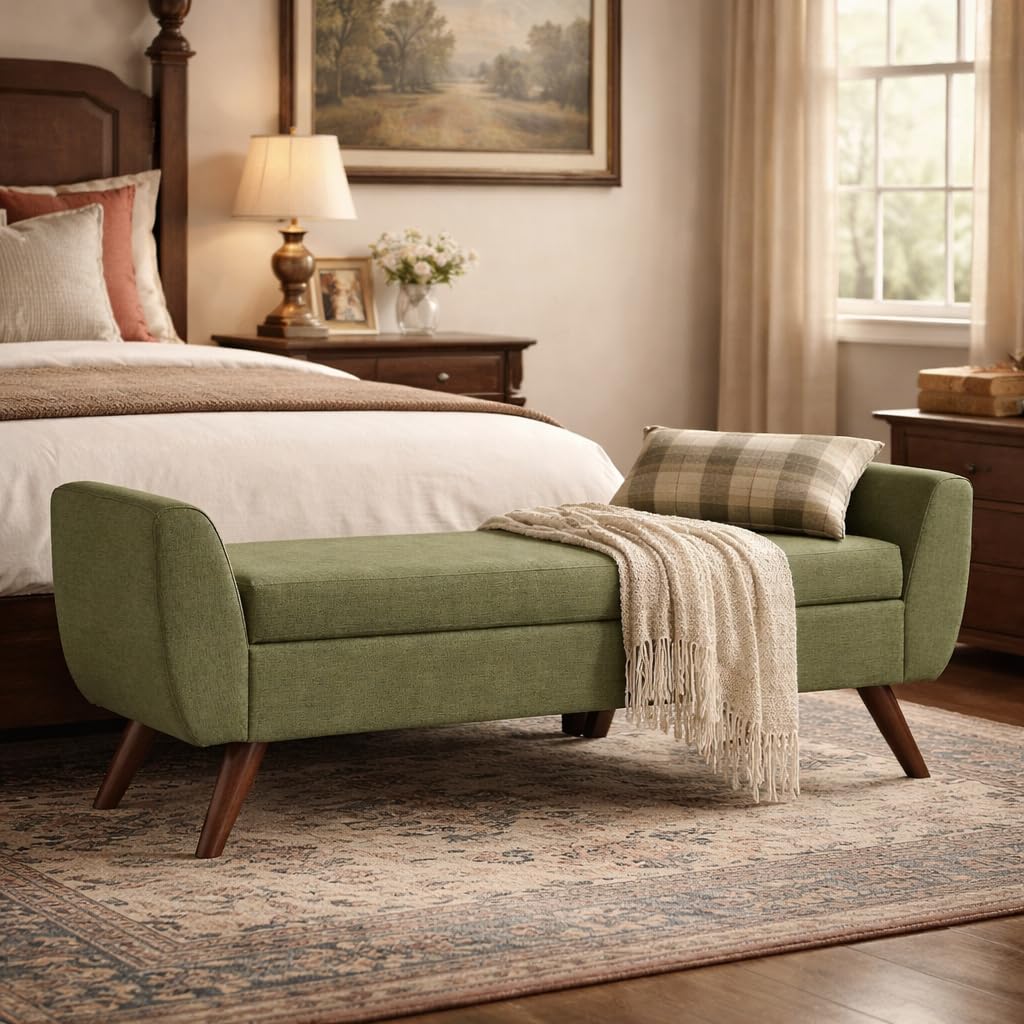 Olive Green Woven Storage Bench with Wood Legs M10149