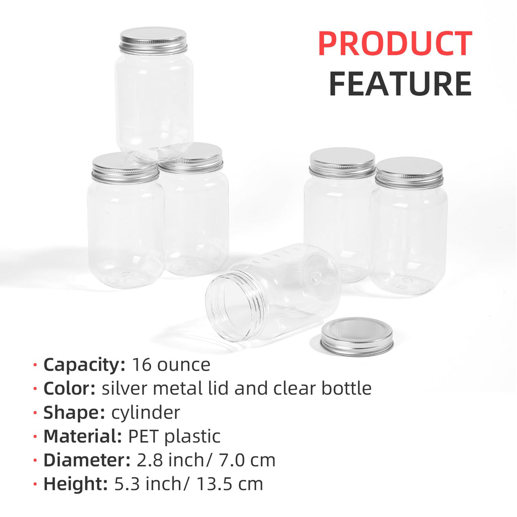 16 Ounce Clear Plastic Mason Jars With Screw On Lid, 20 Pack Y65007