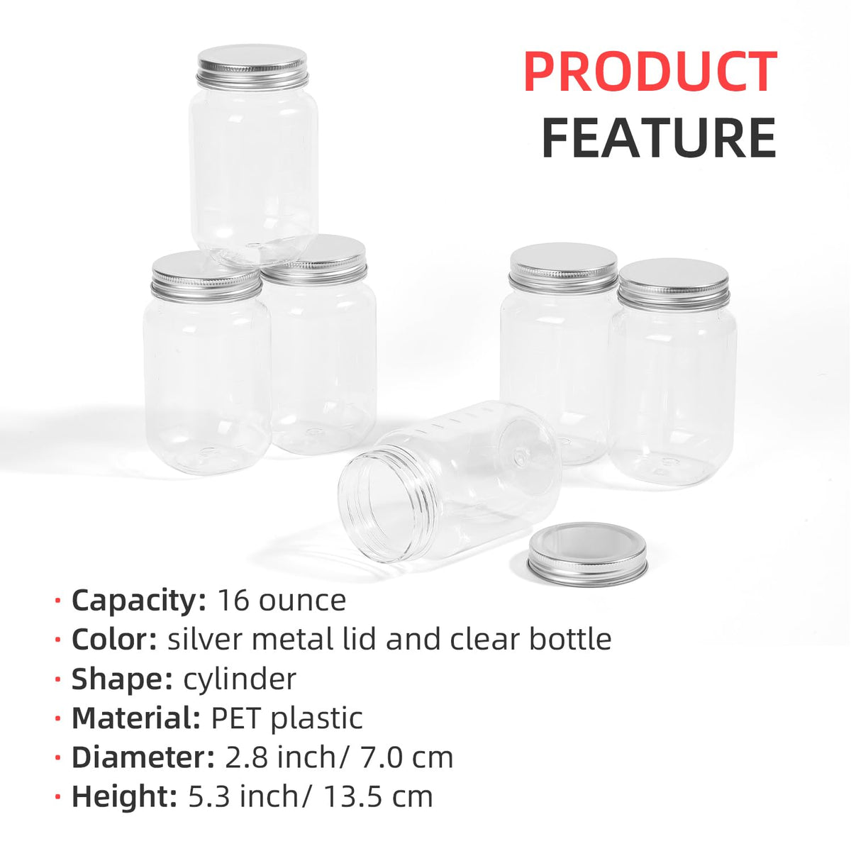 16 Ounce Clear Plastic Mason Jars With Screw On Lid, 20 Pack Y65007