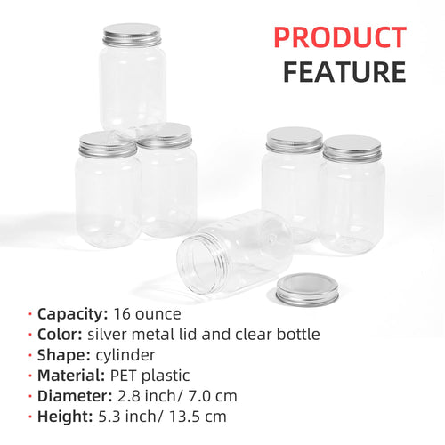 16 Ounce Clear Plastic Mason Jars With Screw On Lid, 20 Pack Y65007