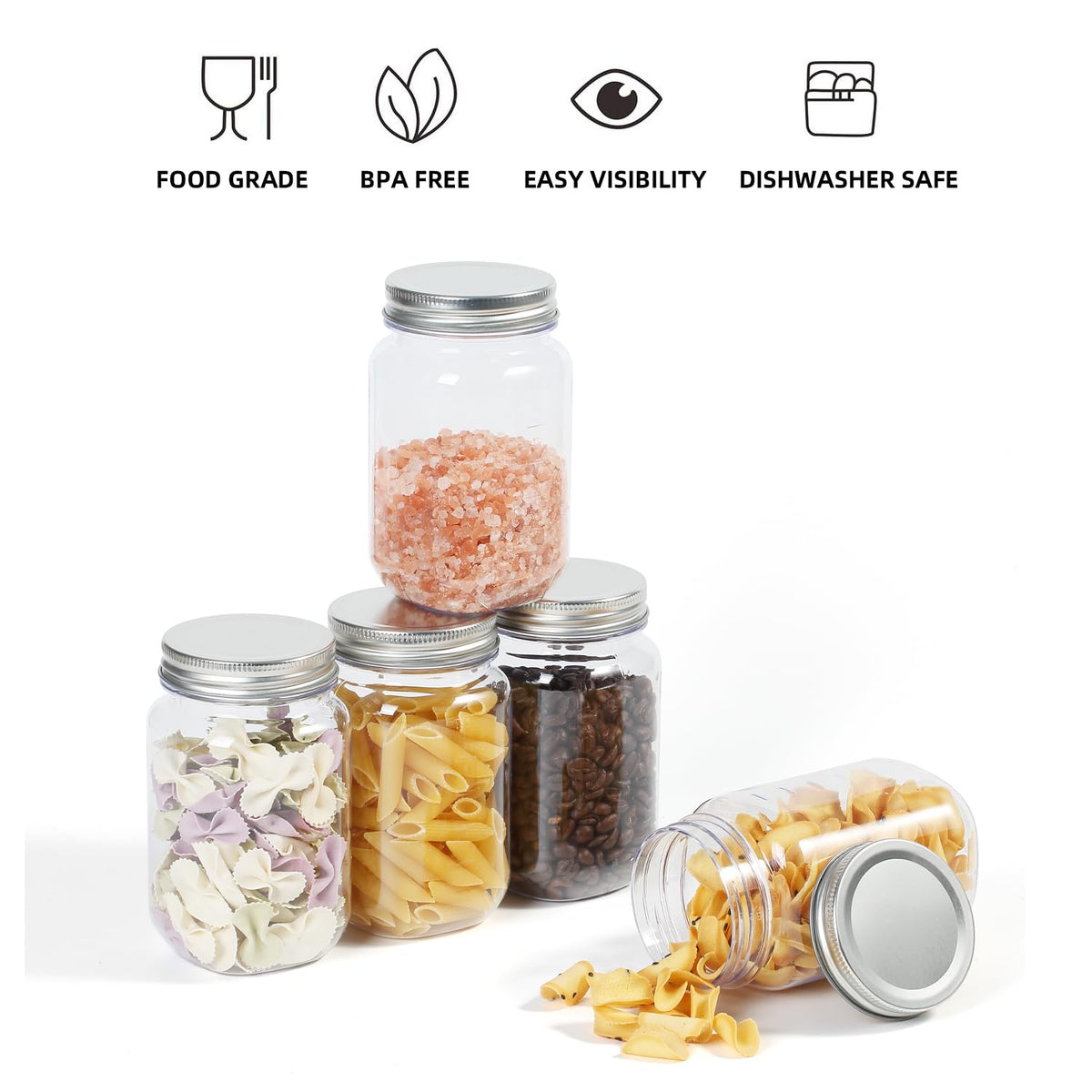 16 Ounce Clear Plastic Mason Jars With Screw On Lid, 20 Pack Y65007