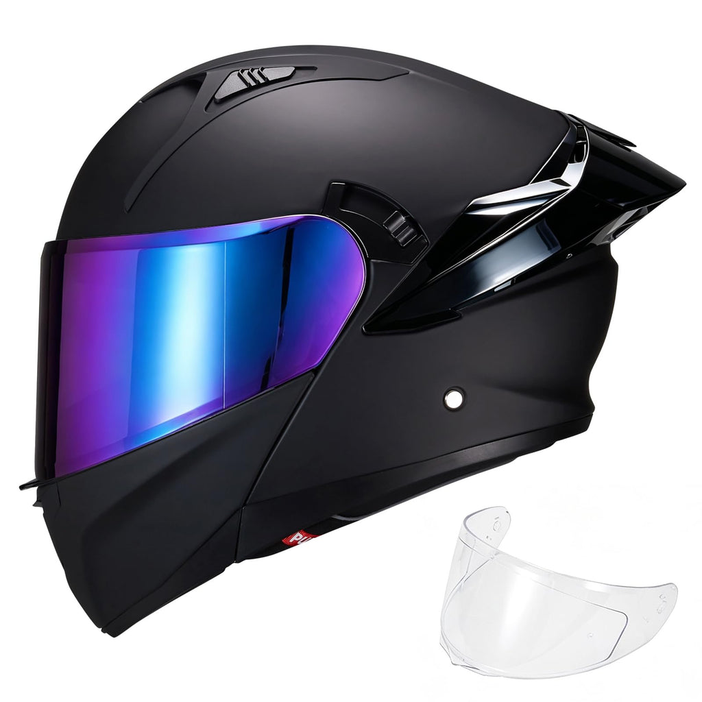 Modular Motorcycle Helmet Dual Visor Flip Up Full Face Matte Black XXL S486