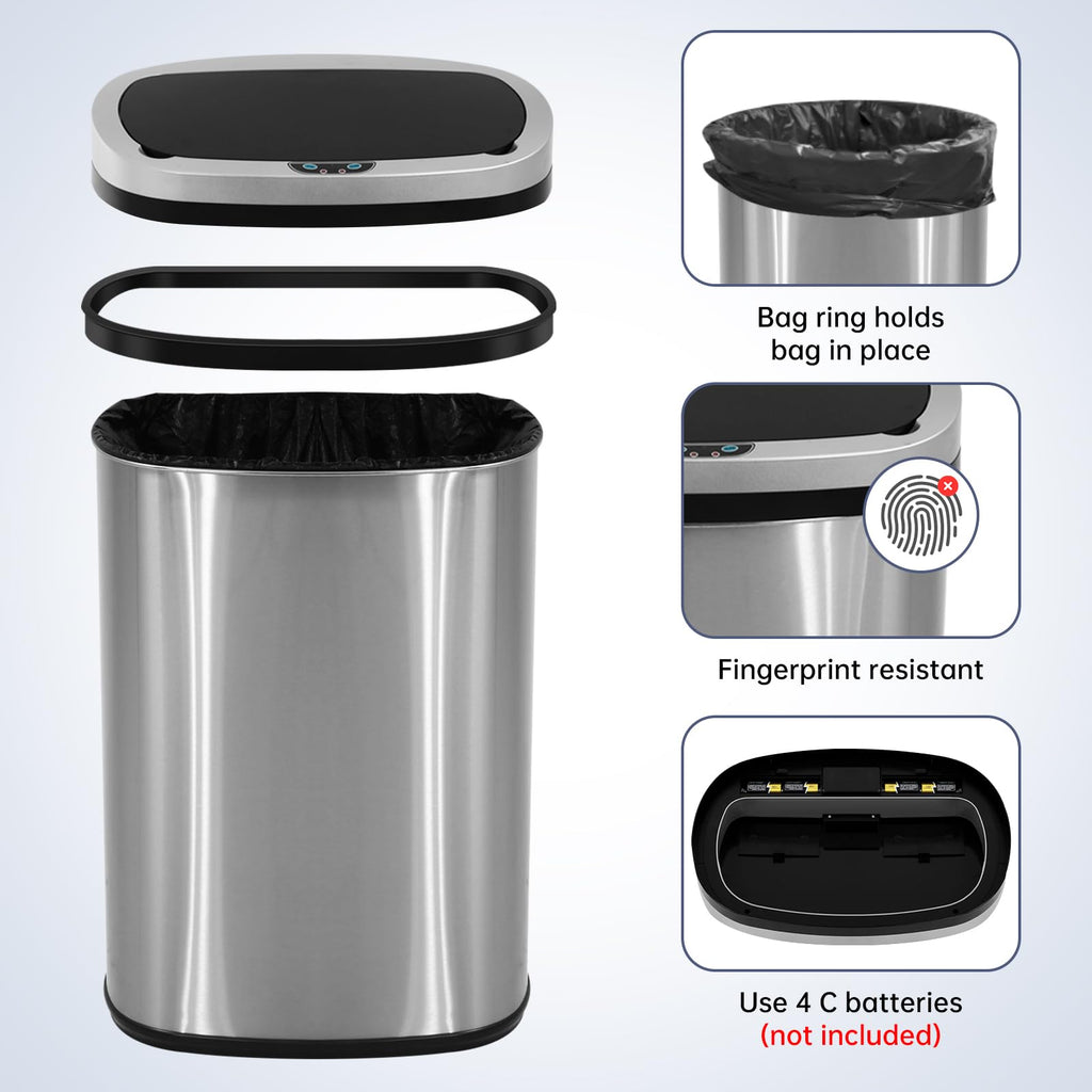 13 Gallon Touch-Free Motion Sensor Stainless-Steel Trash Can T9868