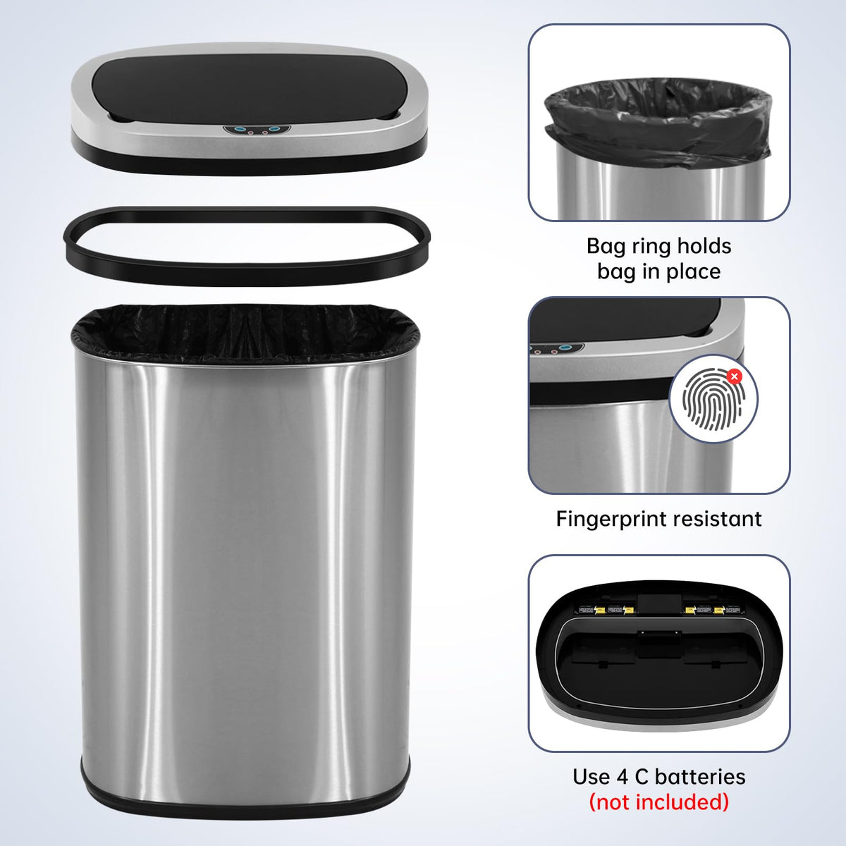 13 Gallon Touch-Free Motion Sensor Stainless-Steel Trash Can T9868