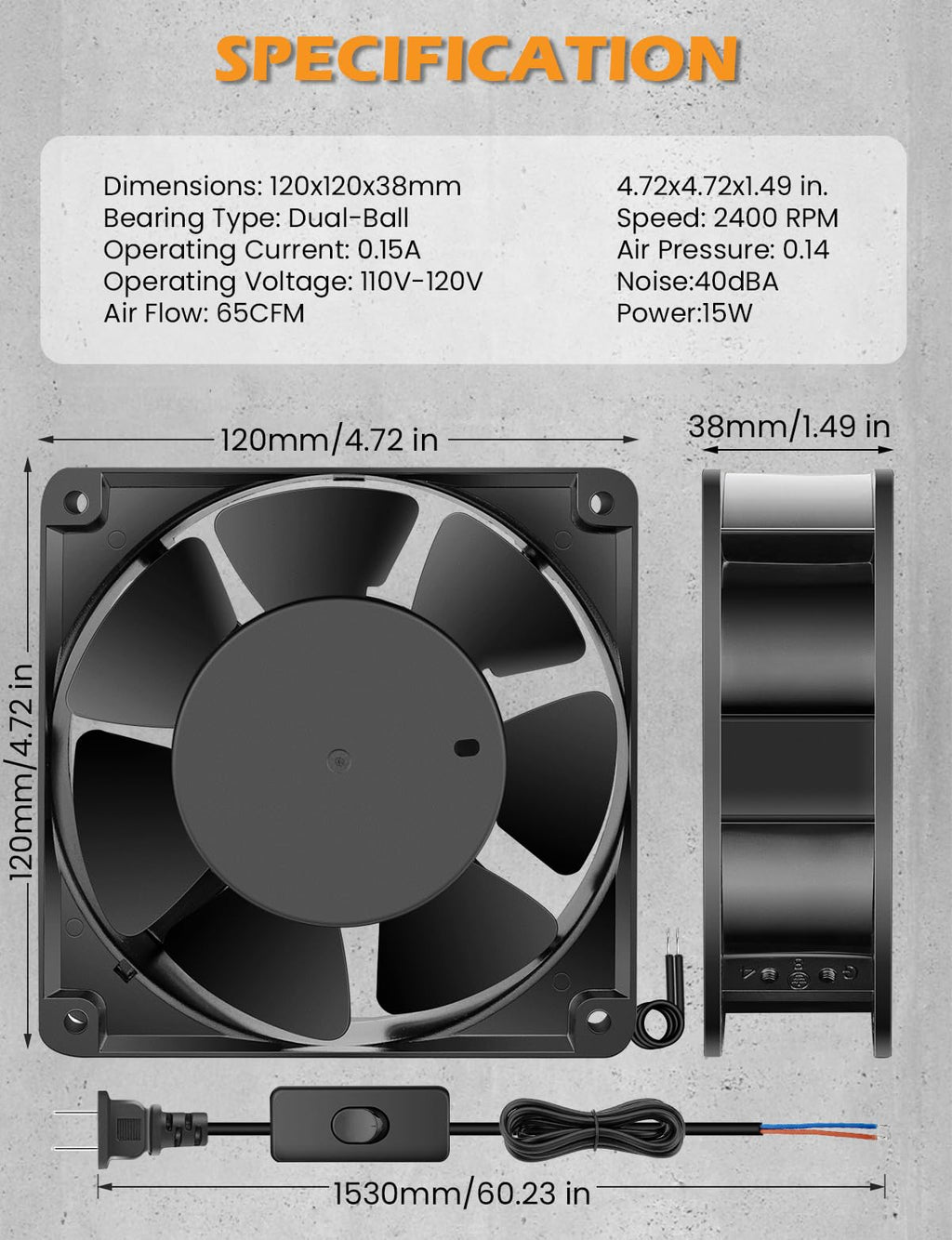 120mm x 38mm 120V Dual Ball Bearing Axial Fan A66803