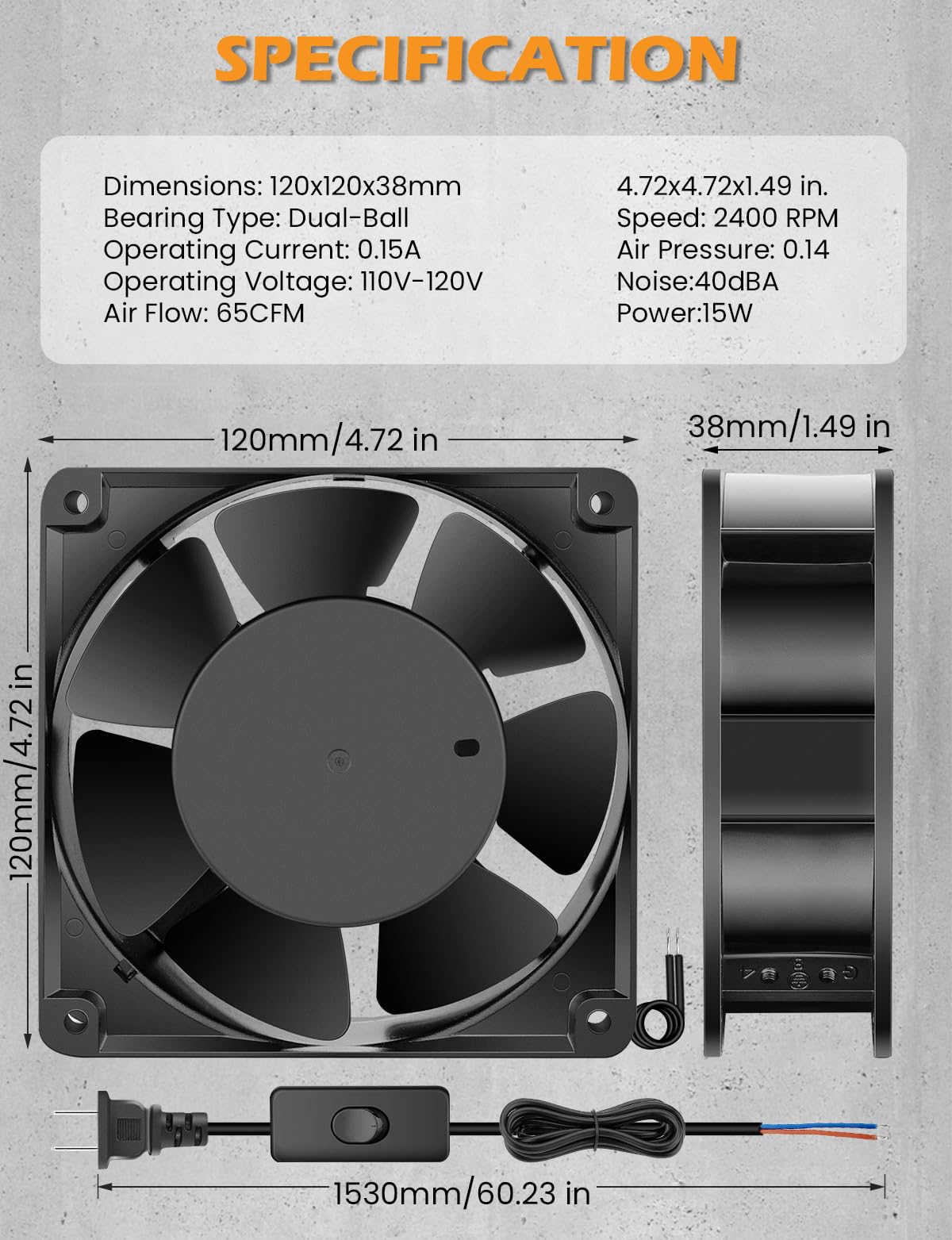 120mm x 38mm 120V Dual Ball Bearing Axial Fan A66803