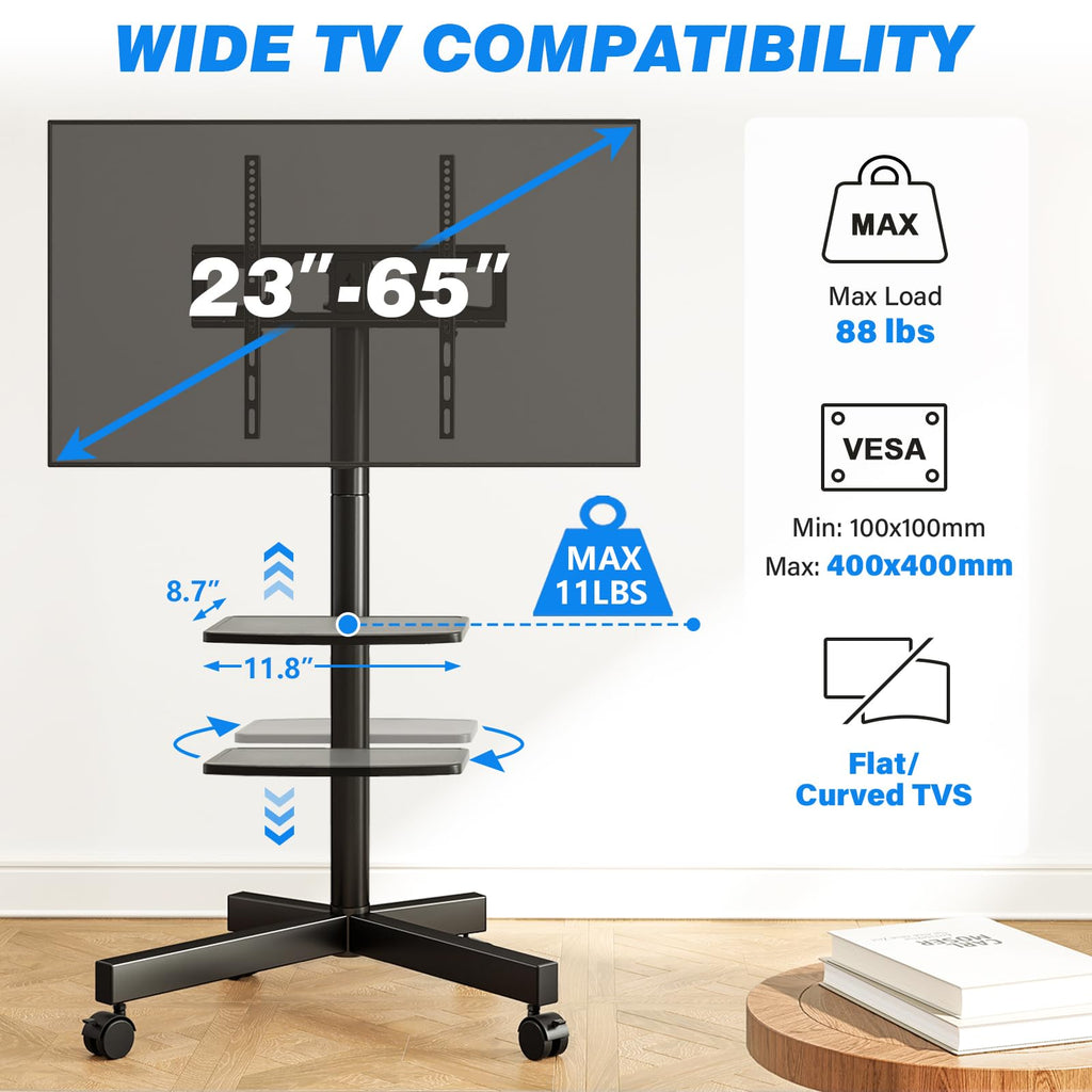 Mobile TV Stand for 23-65 Inch Flat Curved TVs Black P411