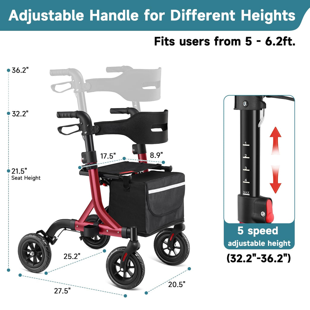 Red Foldable Rollator Walker with Seat, 8" Rubber Wheels and Backrest C54782