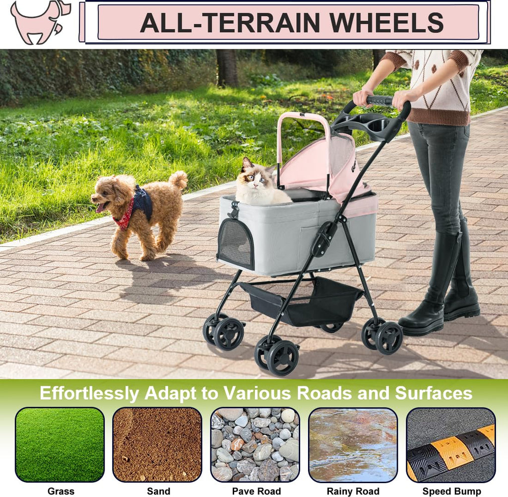 Pink Gray Pet Stroller with Detachable Carrier Q8837