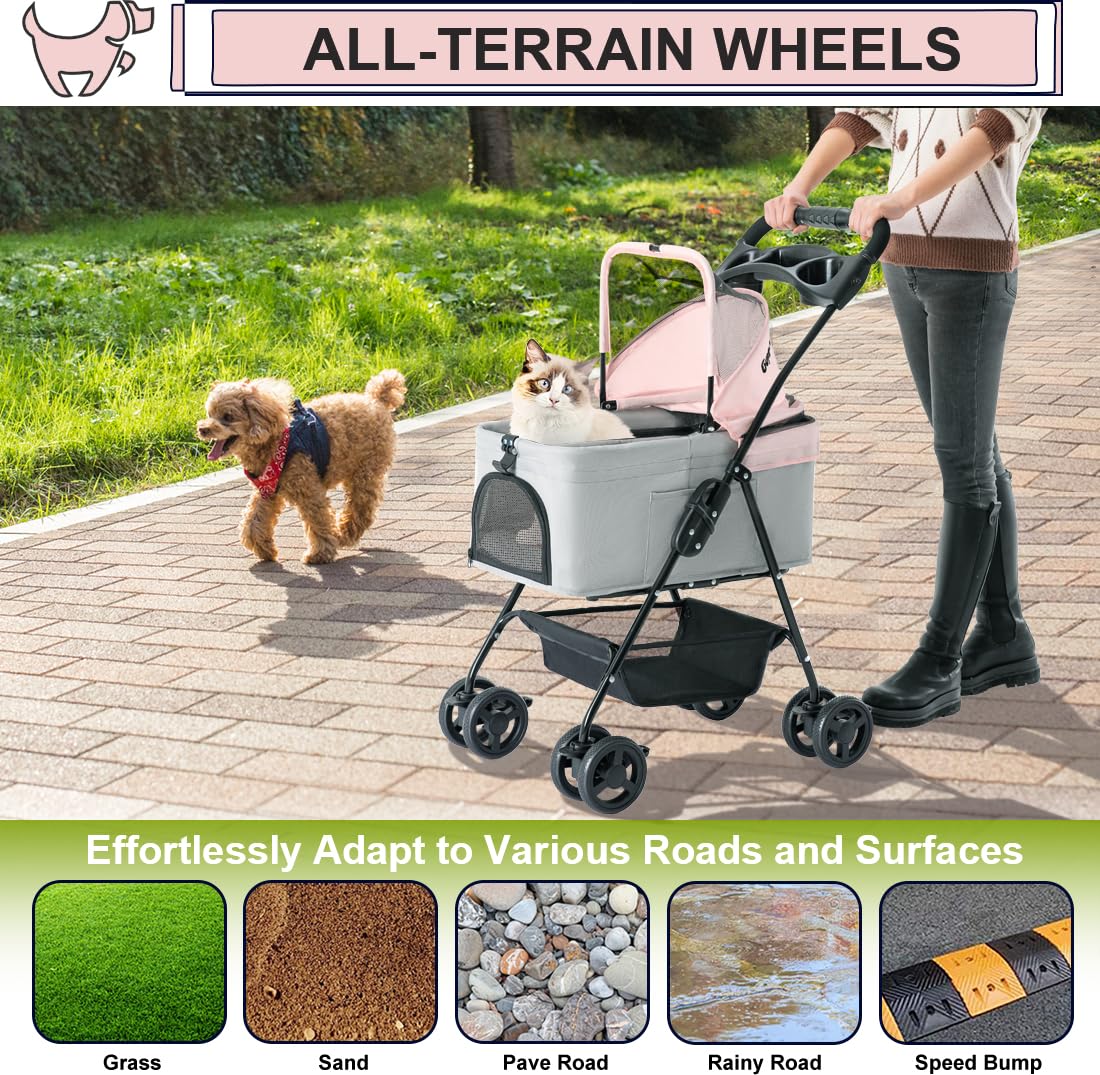 Pink Gray Pet Stroller with Detachable Carrier Q8837