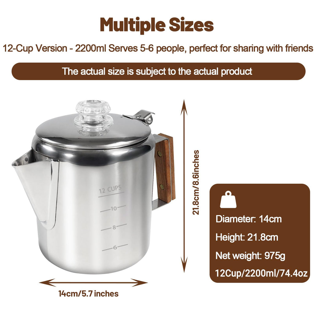12 Cup Stainless Steel Stovetop Percolator Coffee Pot 2200ml D92199