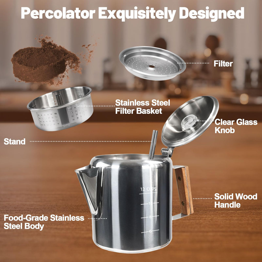 12 Cup Stainless Steel Stovetop Percolator Coffee Pot 2200ml D92199