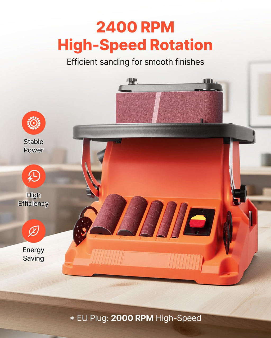 Oscillating Belt and Spindle Sander, 2400RPM Benchtop with 5 Sleeves & Sanding Belt R524