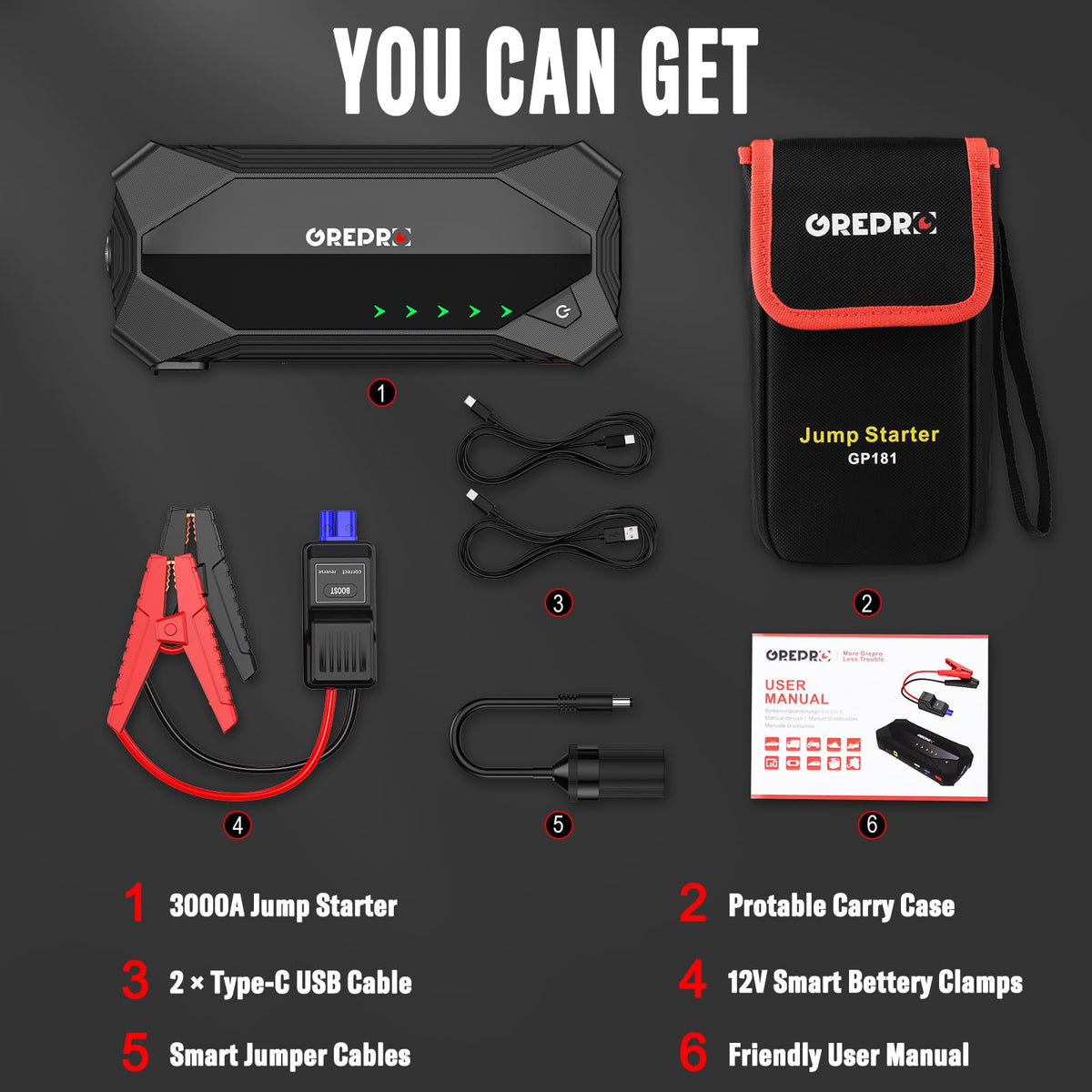 3000A 12V Jump Starter with Jumper Cables and LED Light G766102
