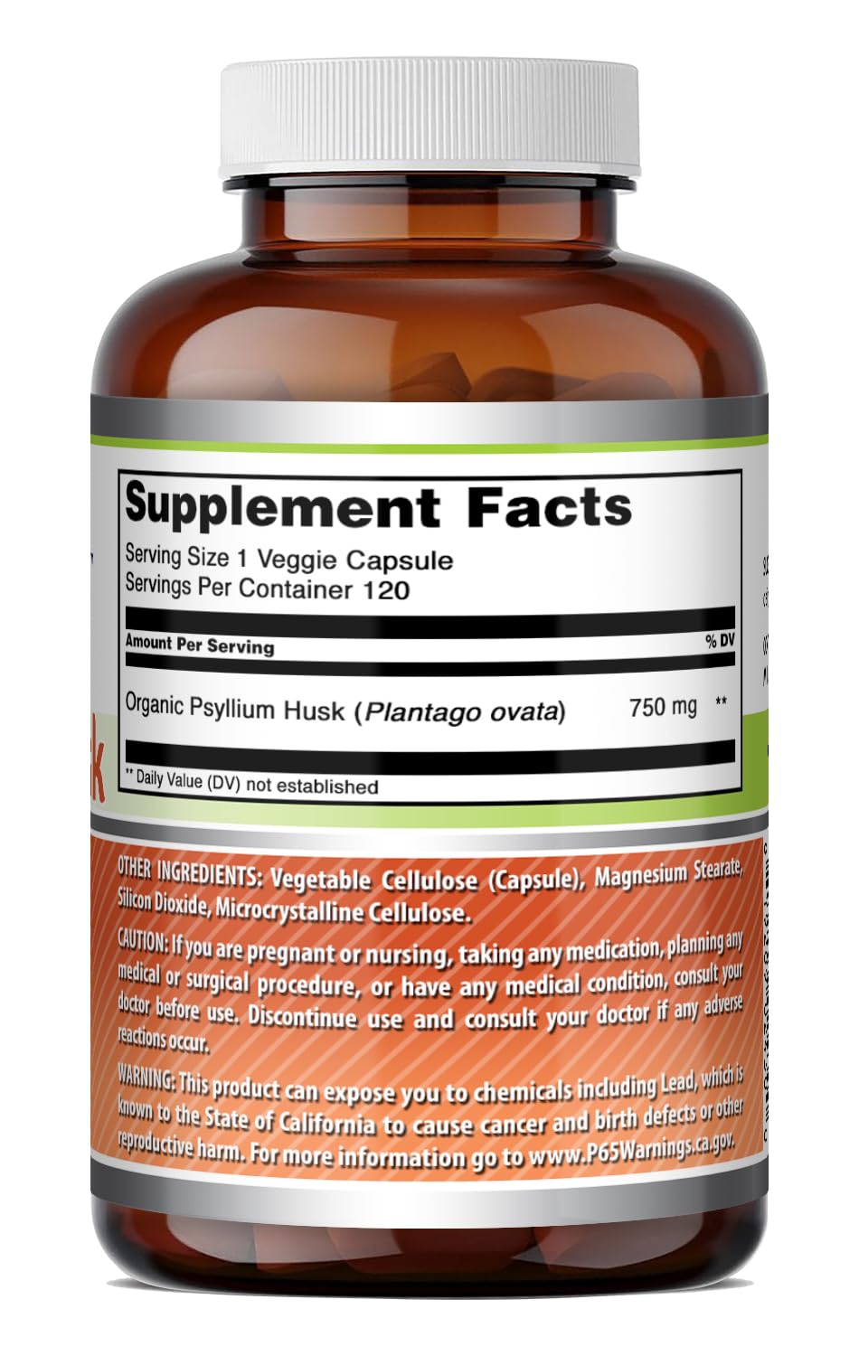 Psyllium Husk 750mg Veggie Capsules Supplement 120 Count W69090