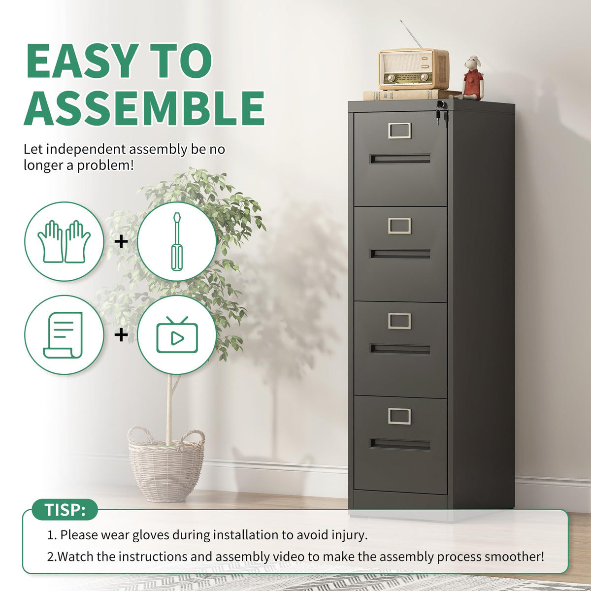 Black 4 Drawer Steel File Cabinet with Lock T2875