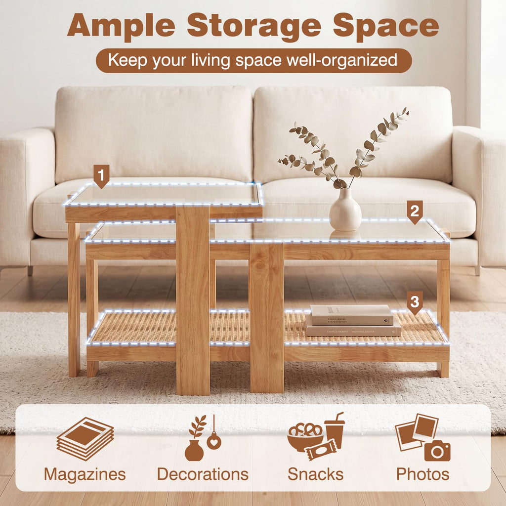 Nesting Coffee Table Set of 2 Rattan Tempered Glass R683397