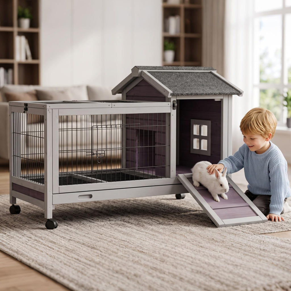 Wooden Rabbit Cage with Pull Out Tray and Wheels V87388