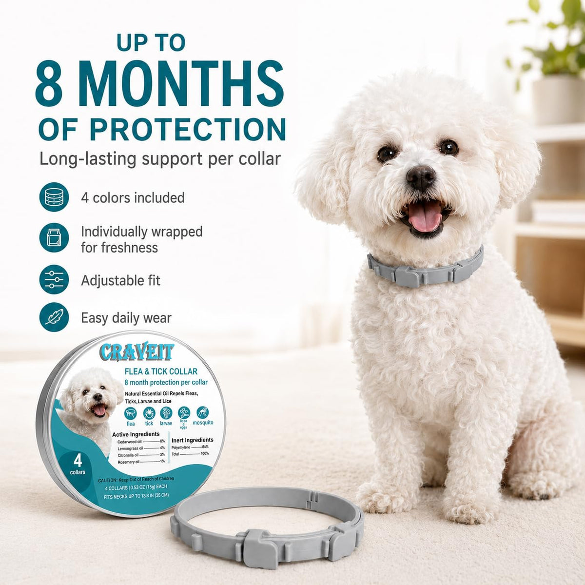 Flea and Tick Collar for Dogs, 4 Pack, Small Dogs Under 18 lbs F826240