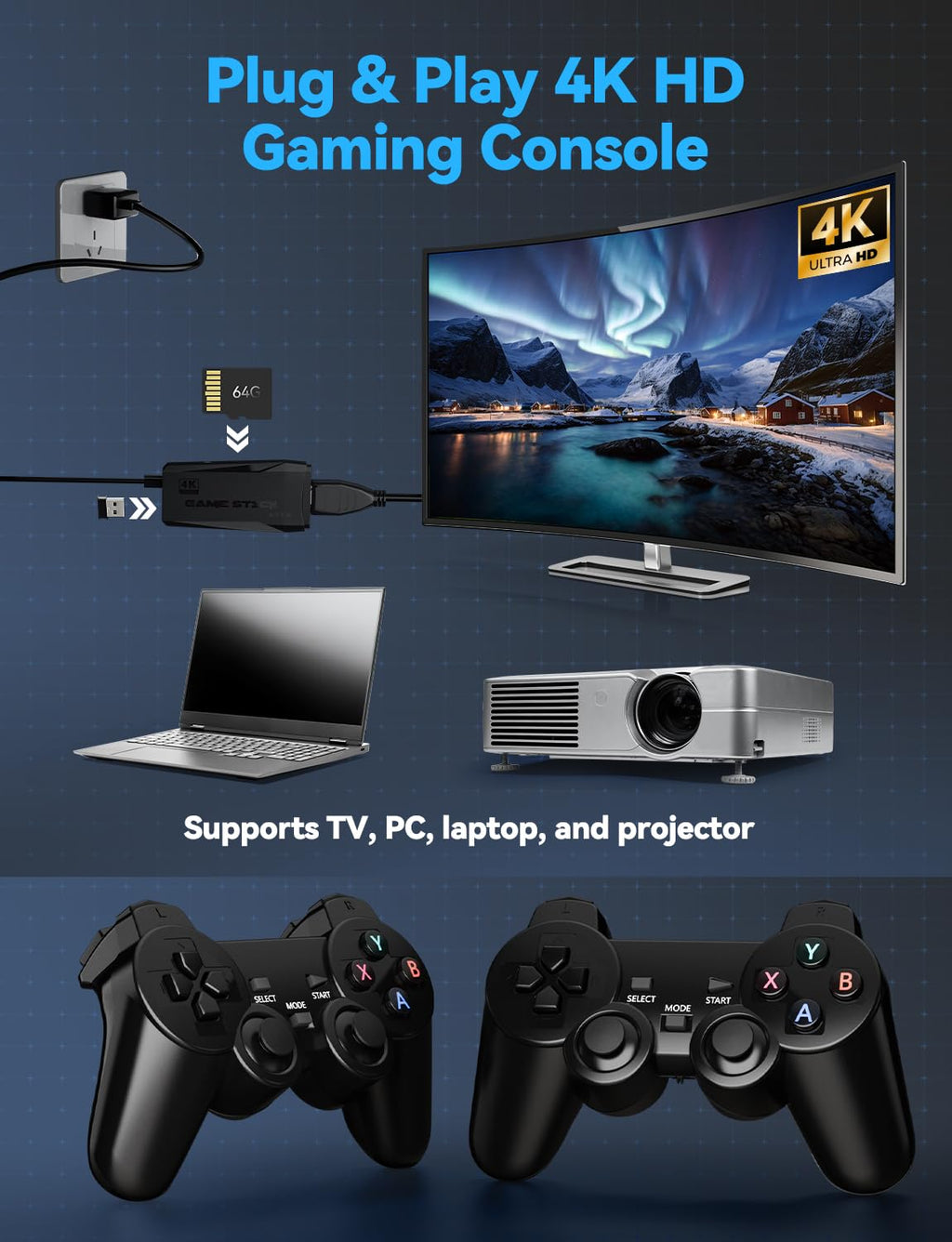 Black 4K Retro Gaming Console with 2.4G Wireless Controllers D409966