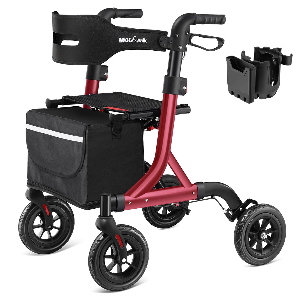 Red Foldable Rollator Walker with Seat, 8" Rubber Wheels and Backrest C54782
