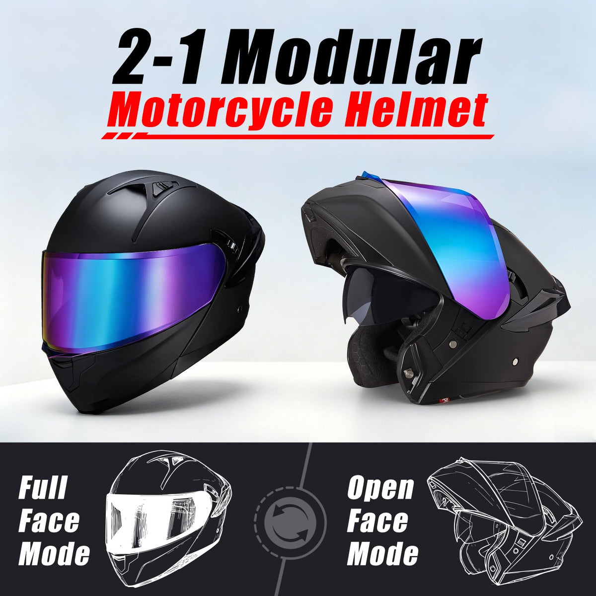 Modular Motorcycle Helmet Dual Visor Flip Up Full Face Matte Black XXL S486