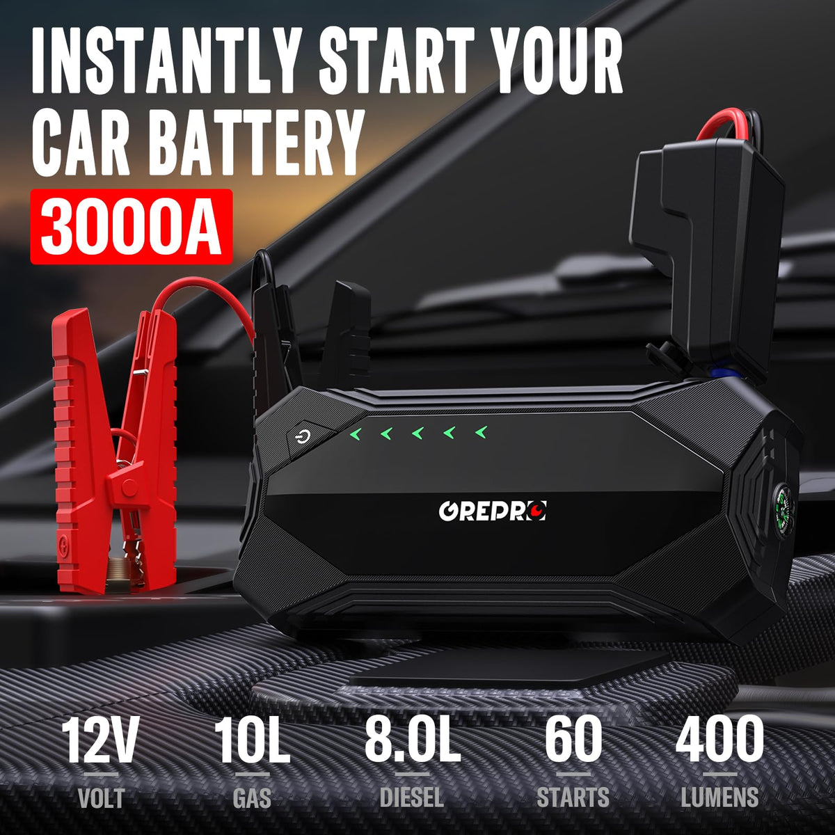 3000A 12V Jump Starter with Jumper Cables and LED Light G766102