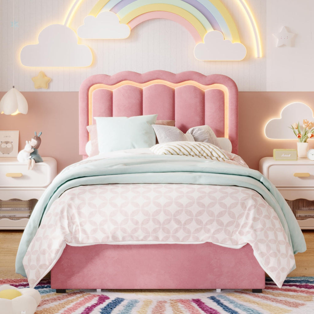 Twin Size Bed Frame with LED Lights and Storage Drawer O925219