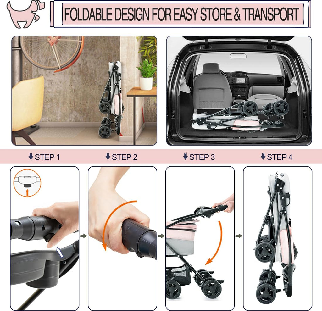 Pink Gray Pet Stroller with Detachable Carrier Q8837