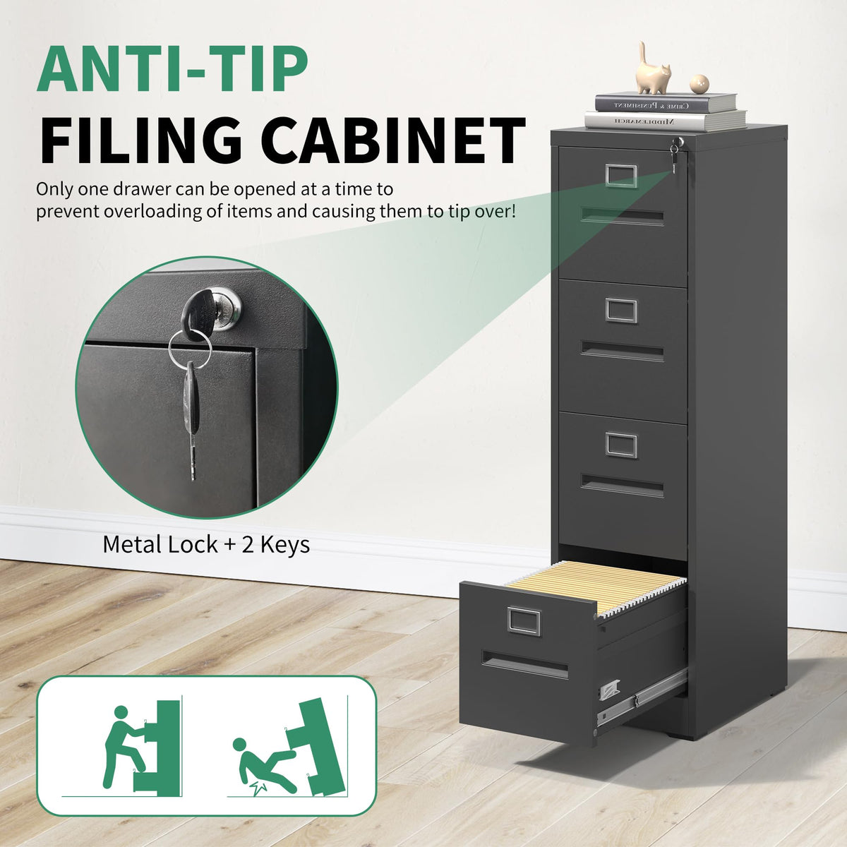 Black 4 Drawer Steel File Cabinet with Lock T2875