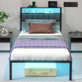 Black Twin Size Platform Bed Frame with Charging Station and LED Lights N469