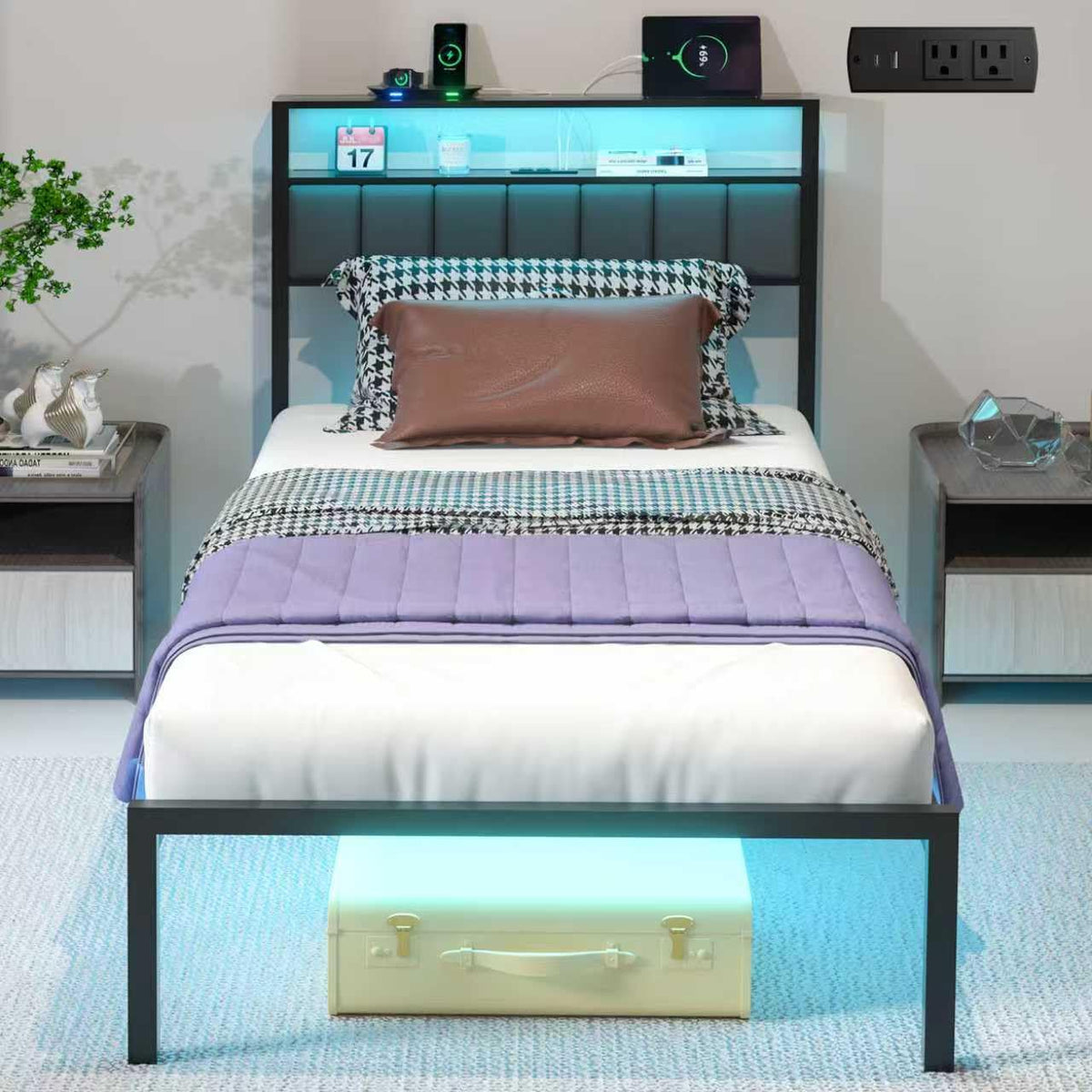 Black Twin Size Platform Bed Frame with Charging Station and LED Lights N469