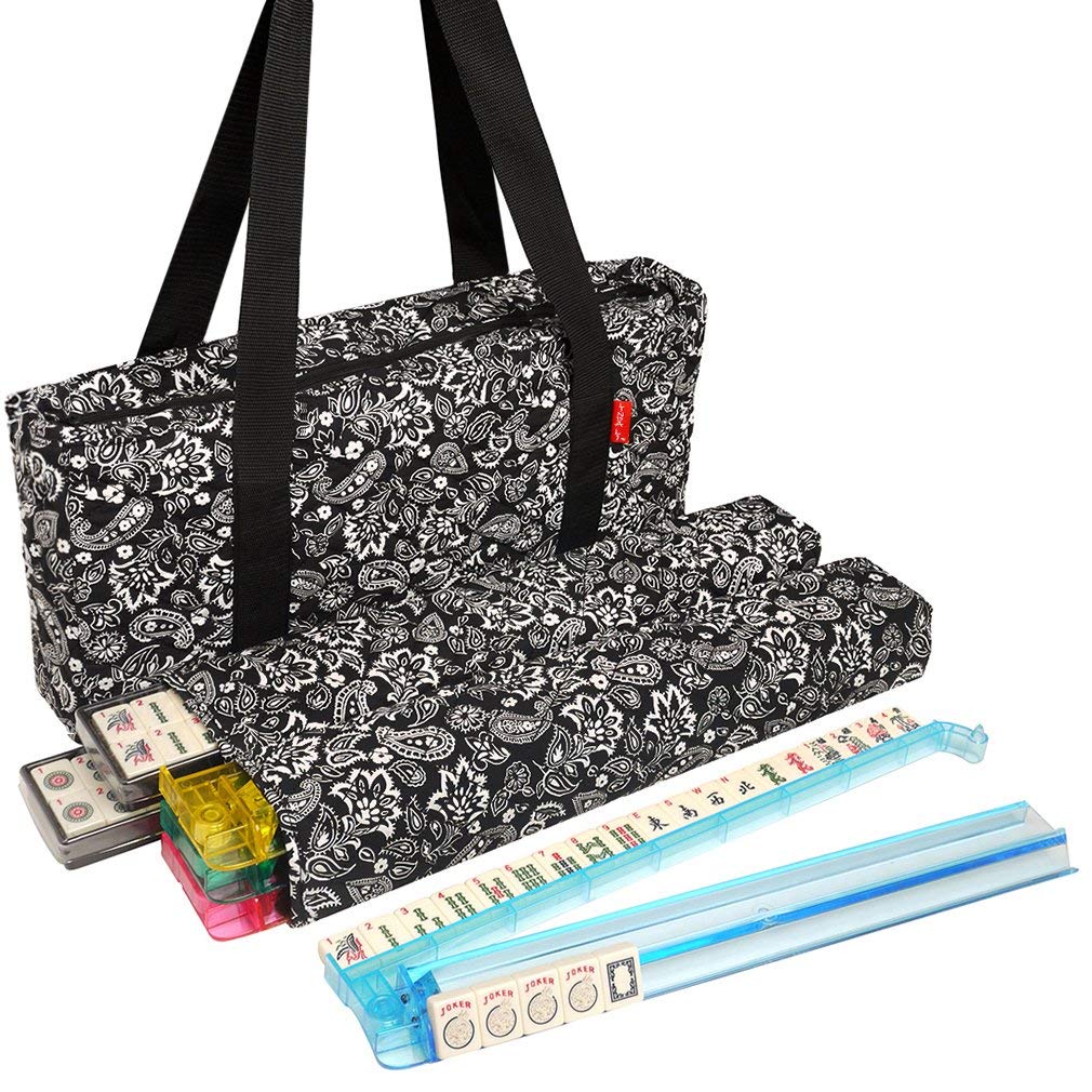 Black Paisley Mahjong Set with Soft Bag, 166 Ivory Colored Engraved Tiles, 4 All-in-One Rack/Pushers M52535