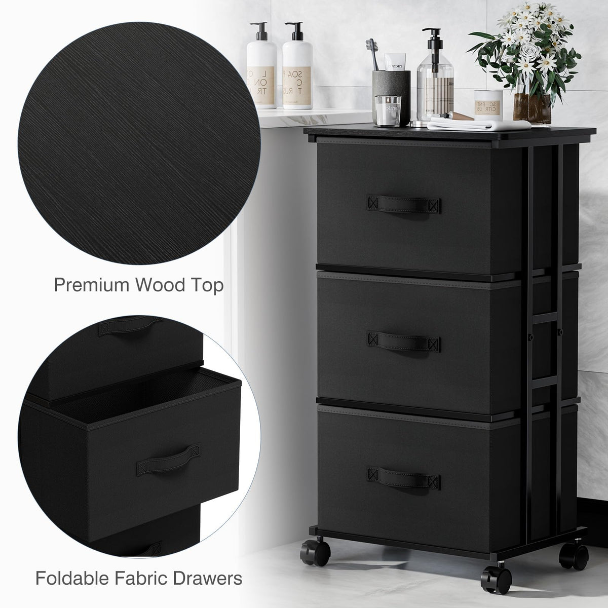 Black 3 Drawer Fabric Dresser M28468