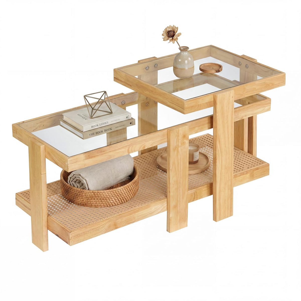 Nesting Coffee Table Set of 2 Rattan Tempered Glass R683397