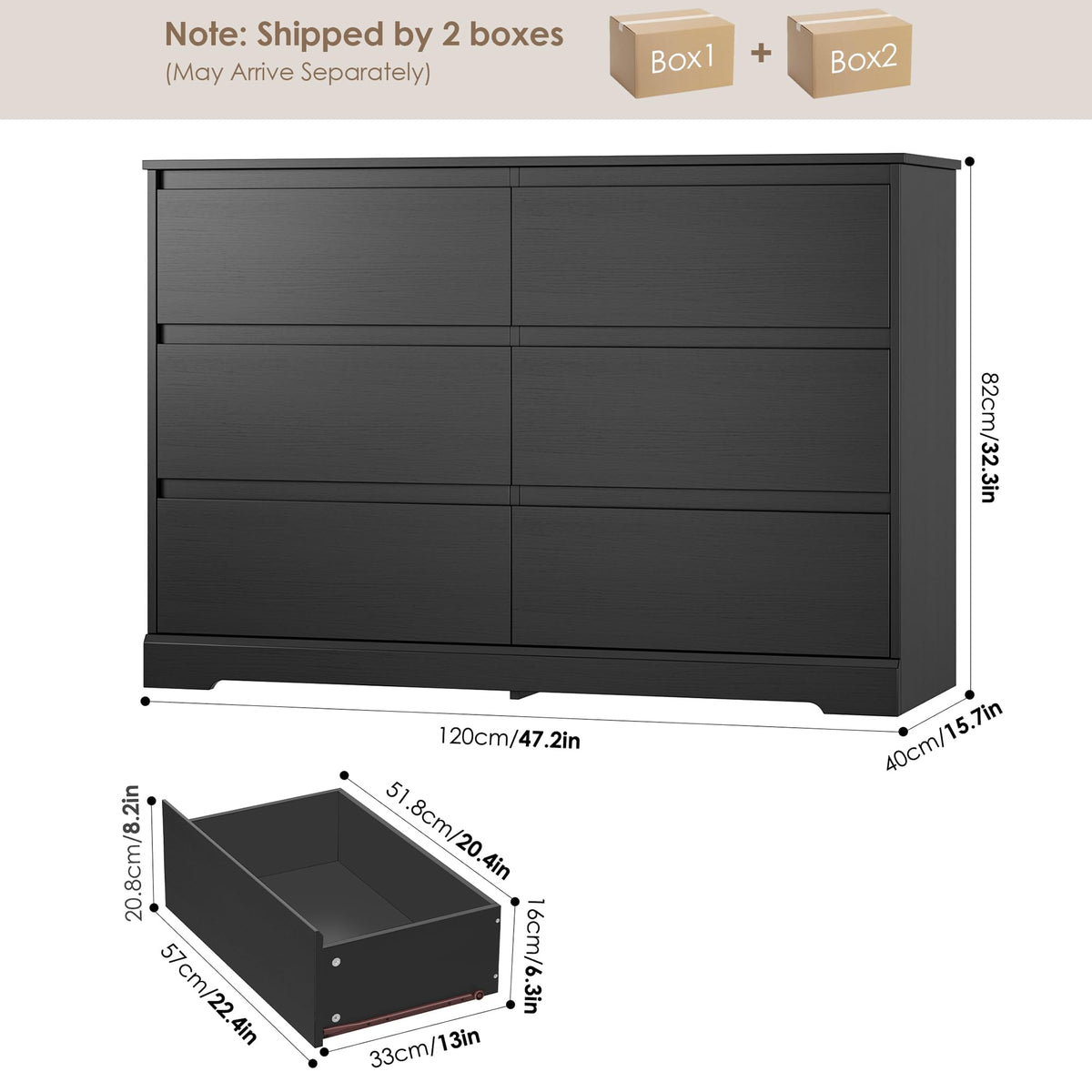 Black 6 Drawer Double Dresser H400